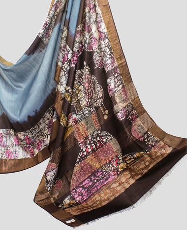 Load image into Gallery viewer, Greyish Blue Tussar Silk Hand Batik Saree-Pallu
