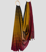 Load image into Gallery viewer, Medallion Yellow with Black N Maroon Stripe Dhonekhali Cotton Saree-Body