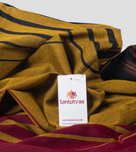 Load image into Gallery viewer, Medallion Yellow with Black N Maroon Stripe Dhonekhali Cotton Saree-Detail
