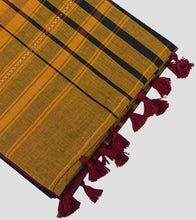 Load image into Gallery viewer, Medallion Yellow with Black N Maroon Stripe Dhonekhali Cotton Saree-Tassel