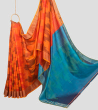 Load image into Gallery viewer,     Orange N Blue Ikkat Katan Silk Saree-Body