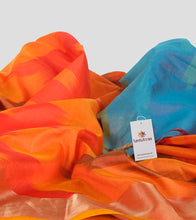 Load image into Gallery viewer, Orange N Blue Ikkat Katan Silk Saree-Detail