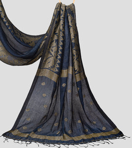 Prussian Blue Linen Jamdani Saree-Pallu