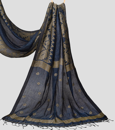 Load image into Gallery viewer, Prussian Blue Linen Jamdani Saree-Pallu