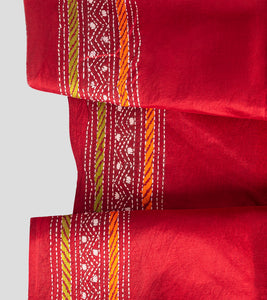 Red Multicolour Bangalore Silk Kantha Saree-Blouse Piece
