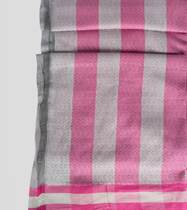 Grey N Pink Brocade Cotton Saree-Blouse Piece