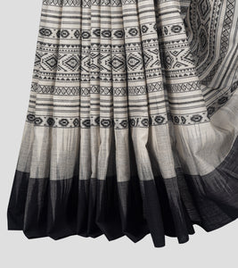 White N Black Dhonekhali Cotton Saree-Tassel