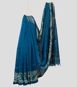 Yale Blue Linen Jamdani Saree-Body
